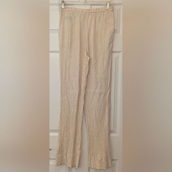 Zara Beige Textured Wave Crinkle Gauze Wide Leg Elastic Waist Sz S Pockets Boho - Picture 7 of 13